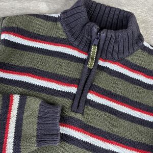 Lands' End Sweater Boys Medium 10-12 Green Navy Striped 1/4 Zip Mock Neck Cotton